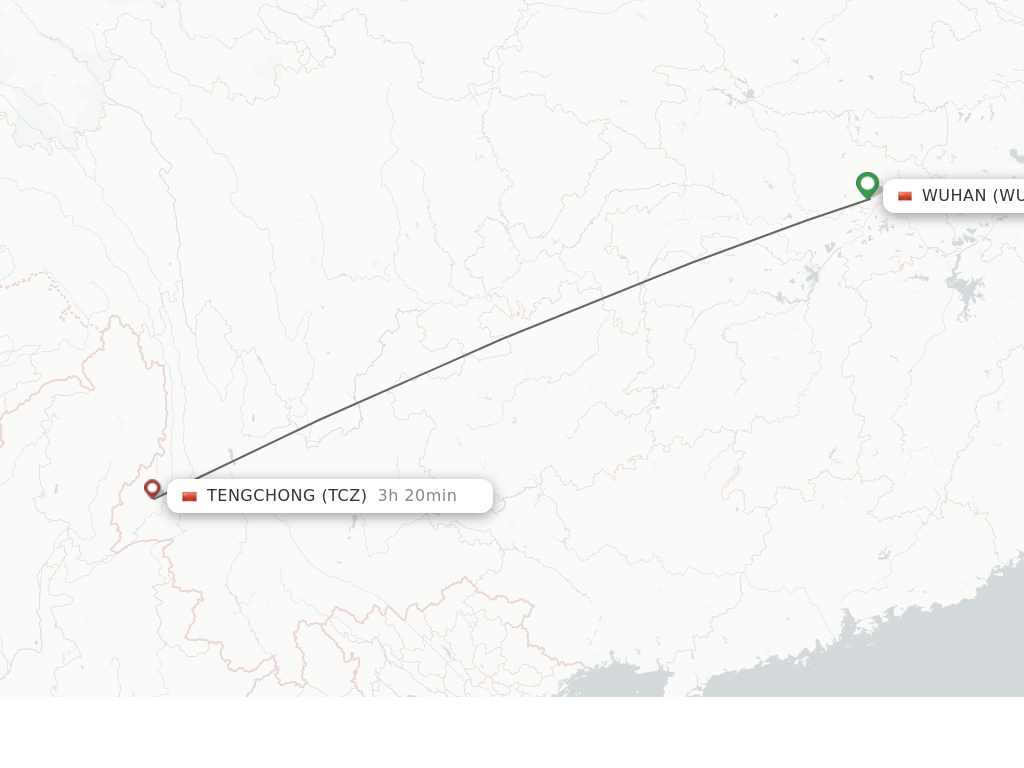 Flights from Wuhan to Tengchong route map