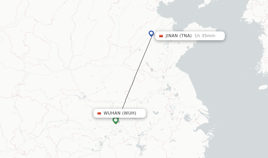 Flights from Wuhan to Jinan route map