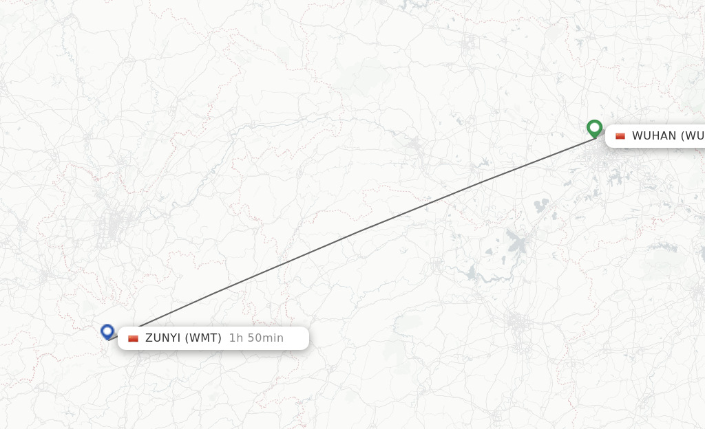 Flights from Wuhan to Zunyi route map