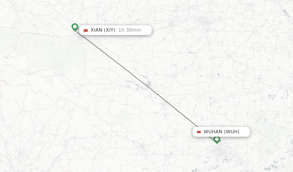 Flights from Wuhan to Xian route map