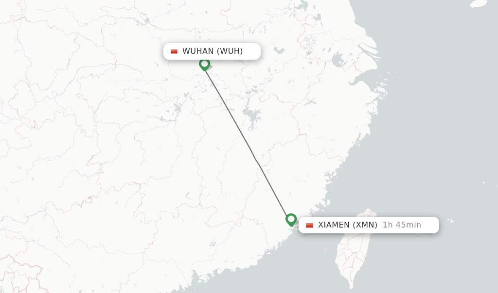 Flights from Wuhan to Xiamen route map