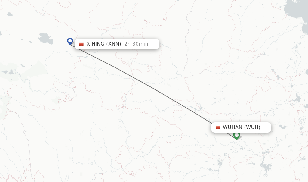 Flights from Wuhan to Xining route map
