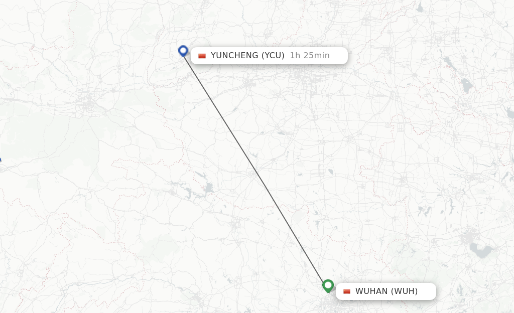 Flights from Wuhan to Yuncheng route map