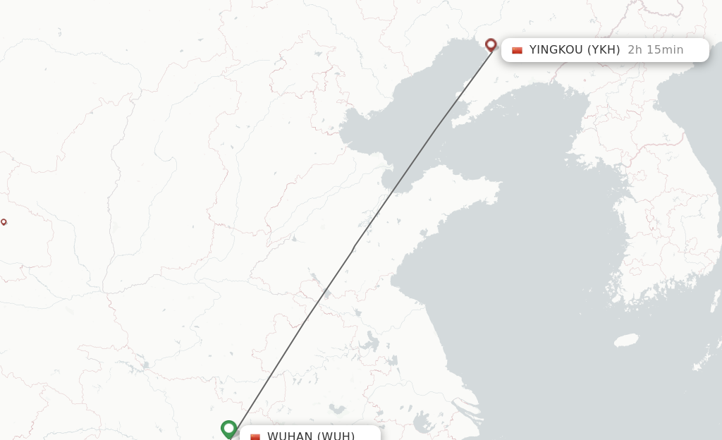 Flights from Wuhan to Yingkou route map