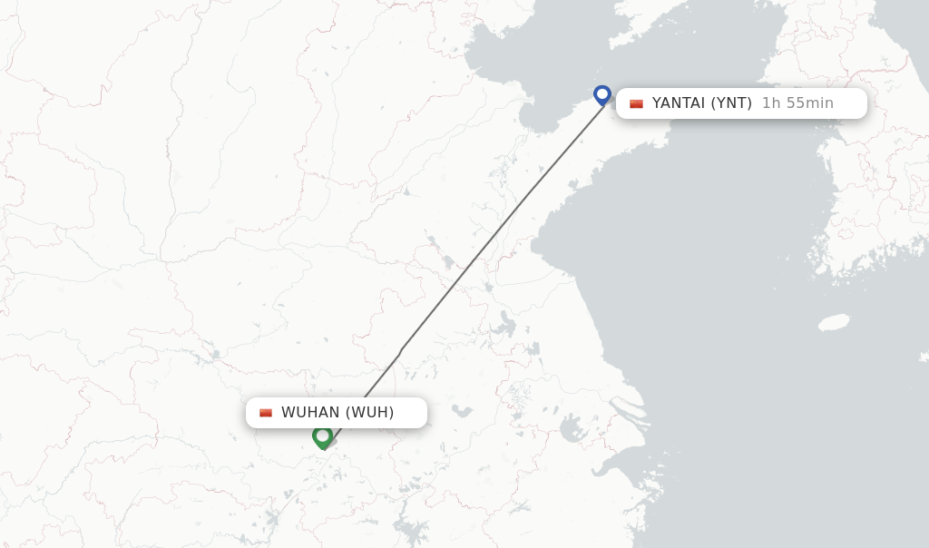 Flights from Wuhan to Yantai route map