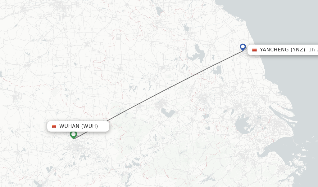 Flights from Wuhan to Yancheng route map