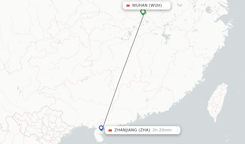 Flights from Wuhan to Zhanjiang route map