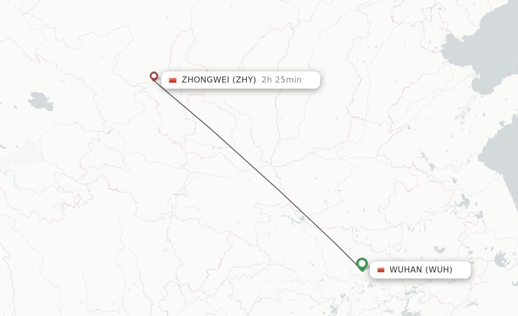 Flights from Wuhan to Zhongwei route map