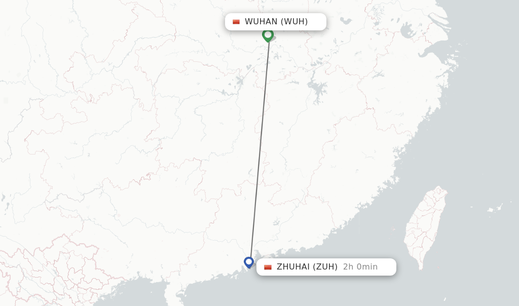 Flights from Wuhan to Zhuhai route map