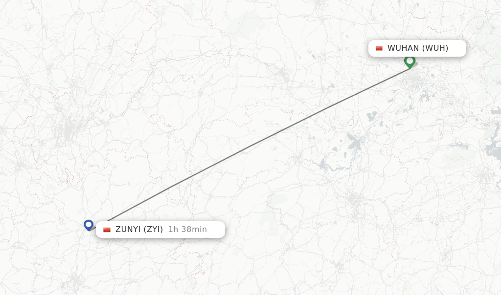 Flights from Wuhan to Zunyi route map