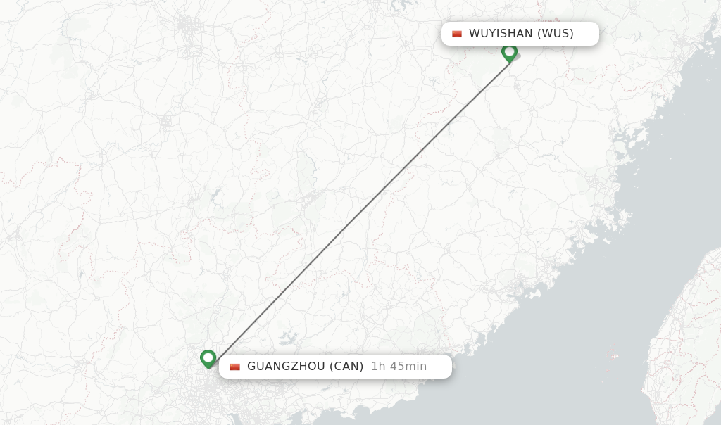 Flights from Wuyishan to Guangzhou route map