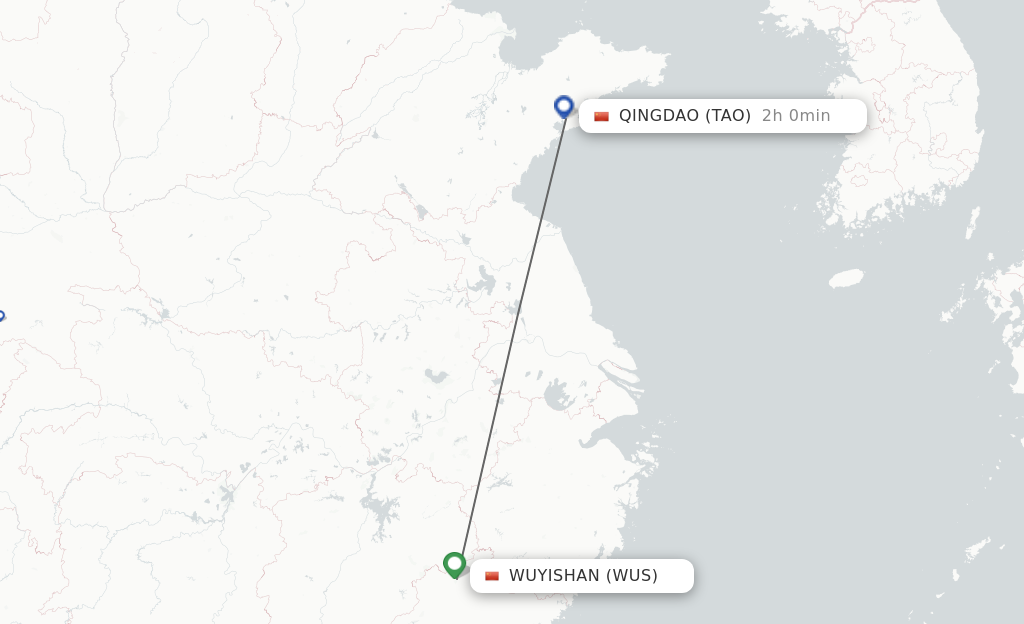 Flights from Wuyishan to Qingdao route map