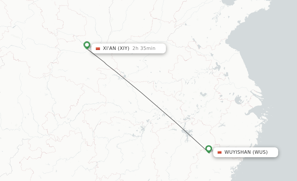 Flights from Wuyishan to Xian route map