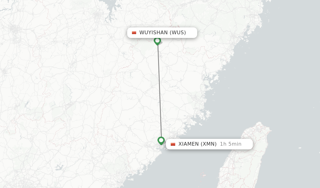 Flights from Wuyishan to Xiamen route map