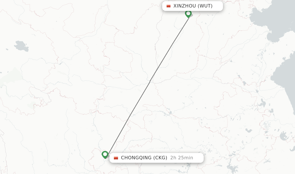 Flights from Xinzhou to Chongqing route map
