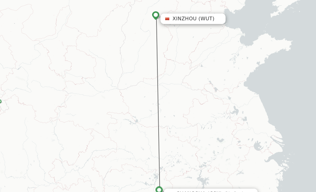 Flights from Xinzhou to Changsha route map