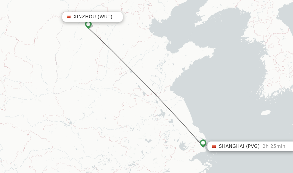 Flights from Xinzhou to Shanghai route map