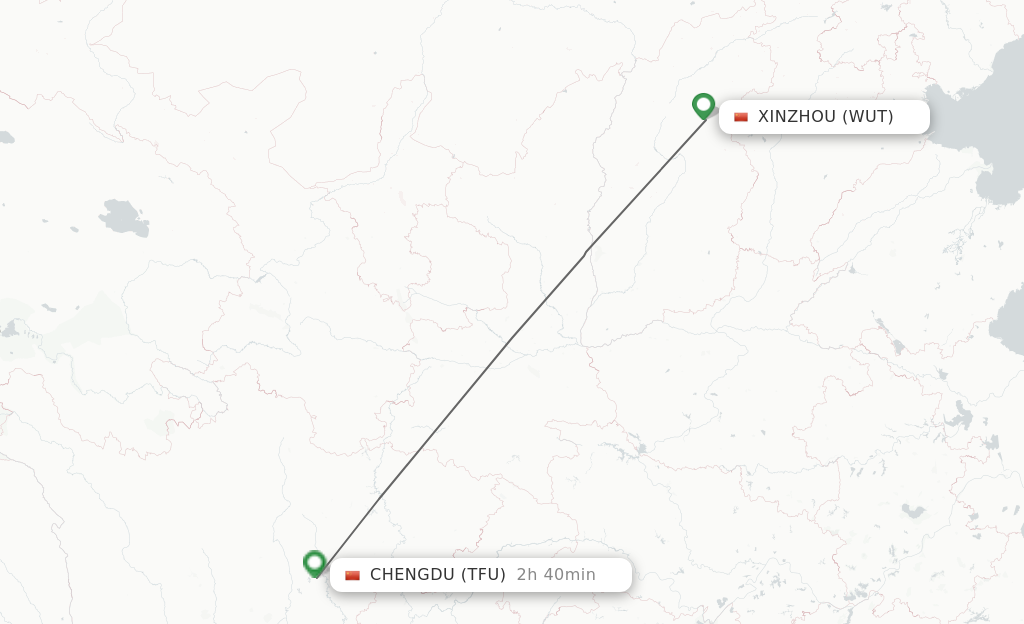 Flights from Xinzhou to Chengdu route map
