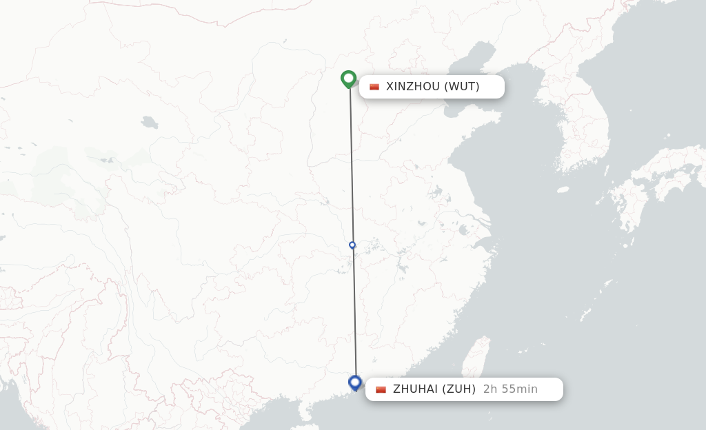 Flights from Xinzhou to Zhuhai route map