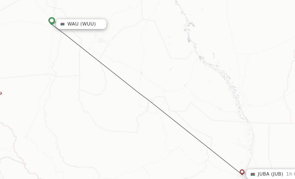 Flights from Wau to Juba route map