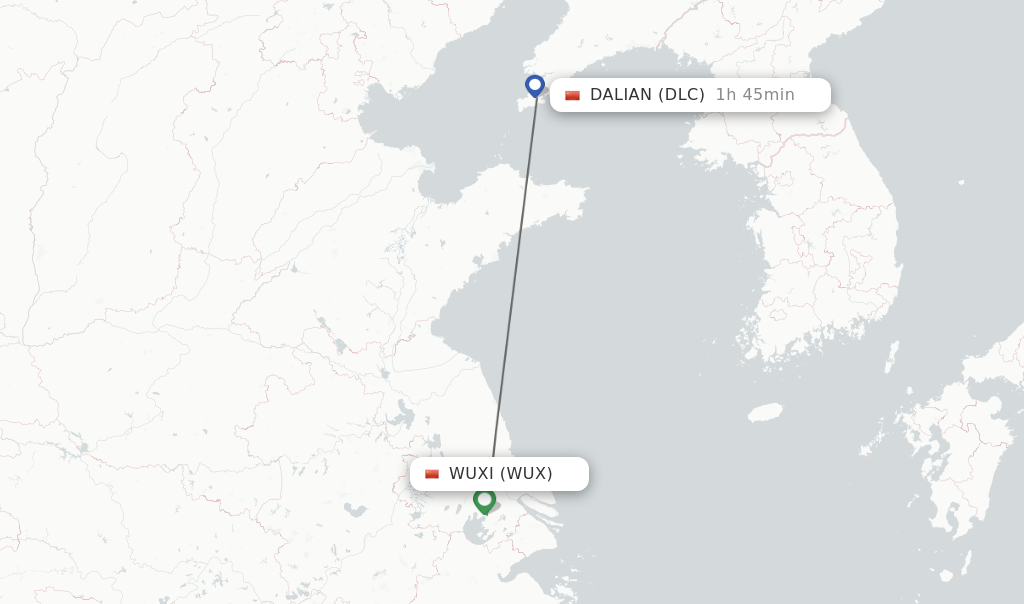 Flights from Wuxi to Dalian route map