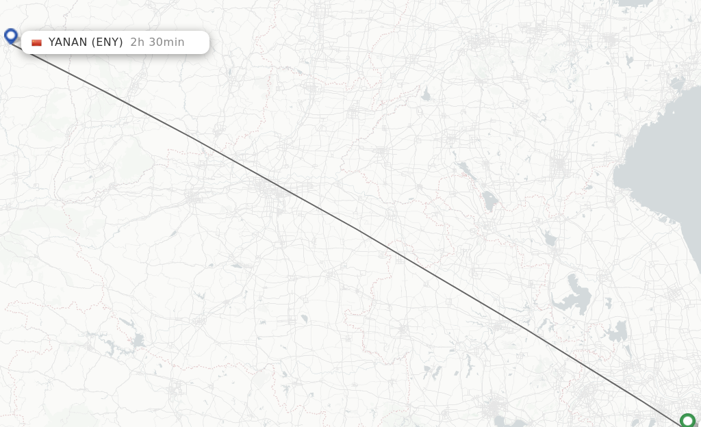 Flights from Wuxi to Yan'an route map