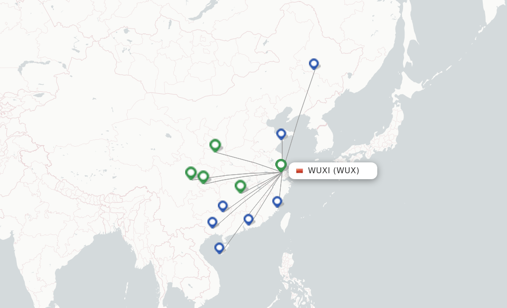 Route map with flights from Wuxi with Juneyao Airlines