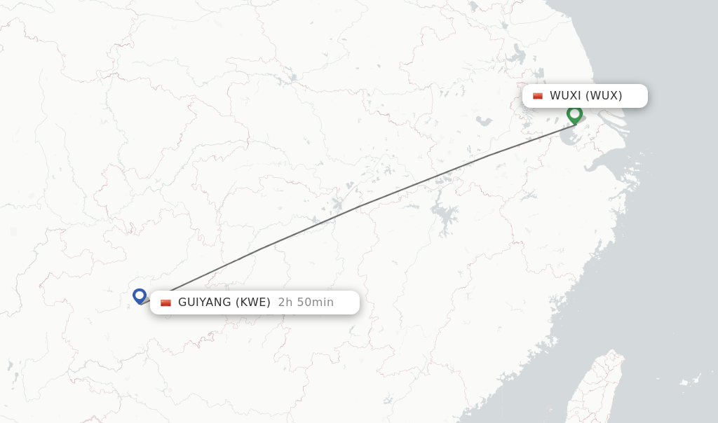 Flights from Wuxi to Guiyang route map