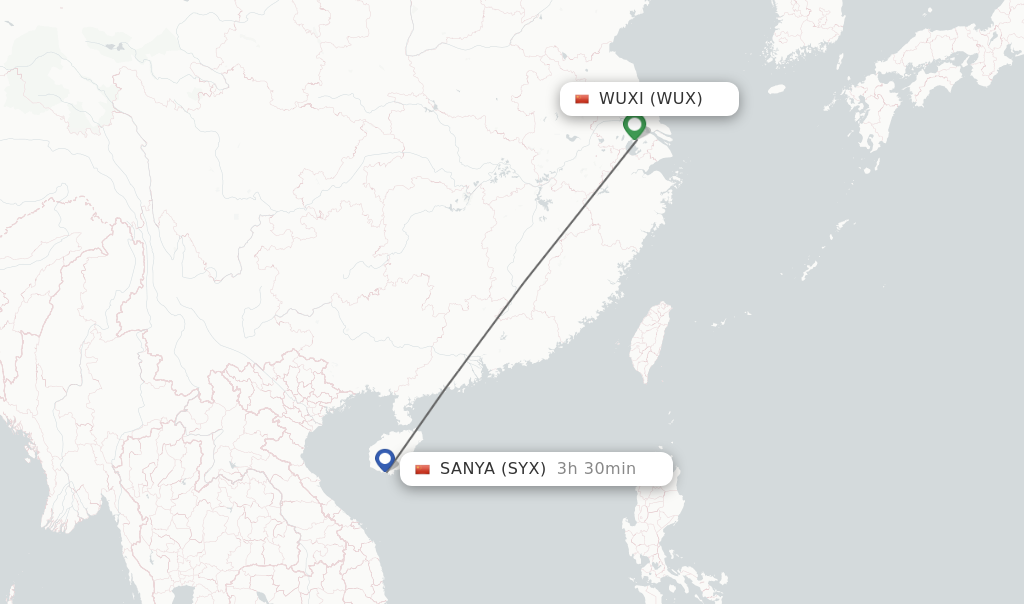 Flights from Wuxi to Sanya route map