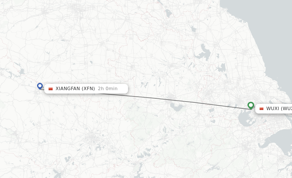 Flights from Wuxi to Xiangyang route map