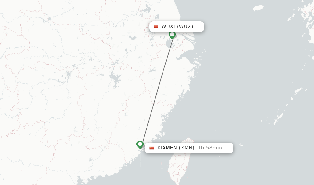 Flights from Wuxi to Xiamen route map