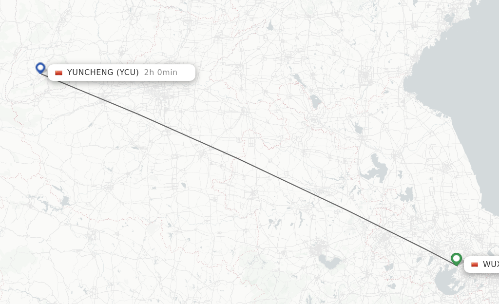 Flights from Wuxi to Yuncheng route map