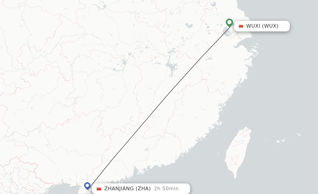 Flights from Wuxi to Zhanjiang route map
