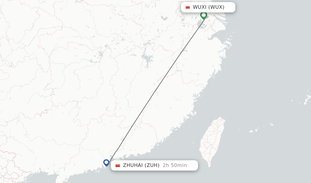 Flights from Wuxi to Zhuhai route map