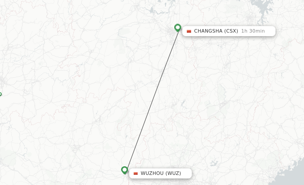 Flights from Wuzhou to Changsha route map