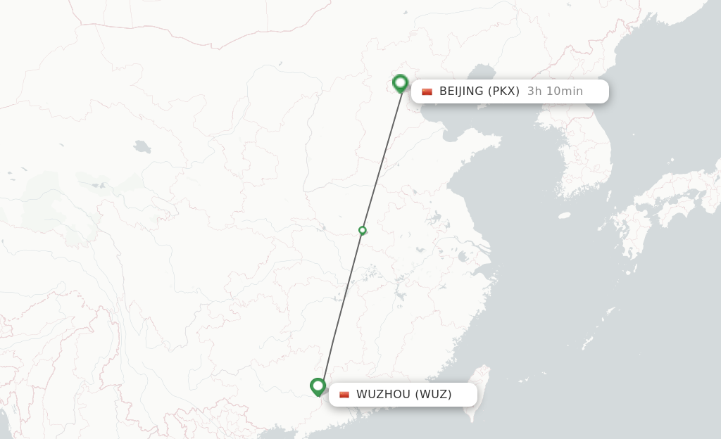 Flights from Wuzhou to Beijing route map
