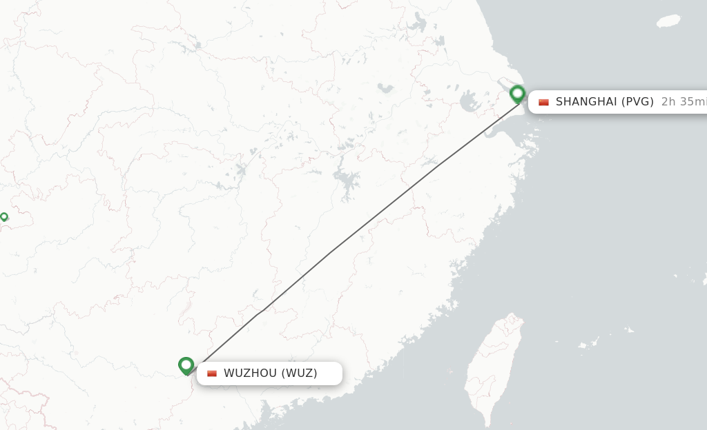 Flights from Wuzhou to Shanghai route map
