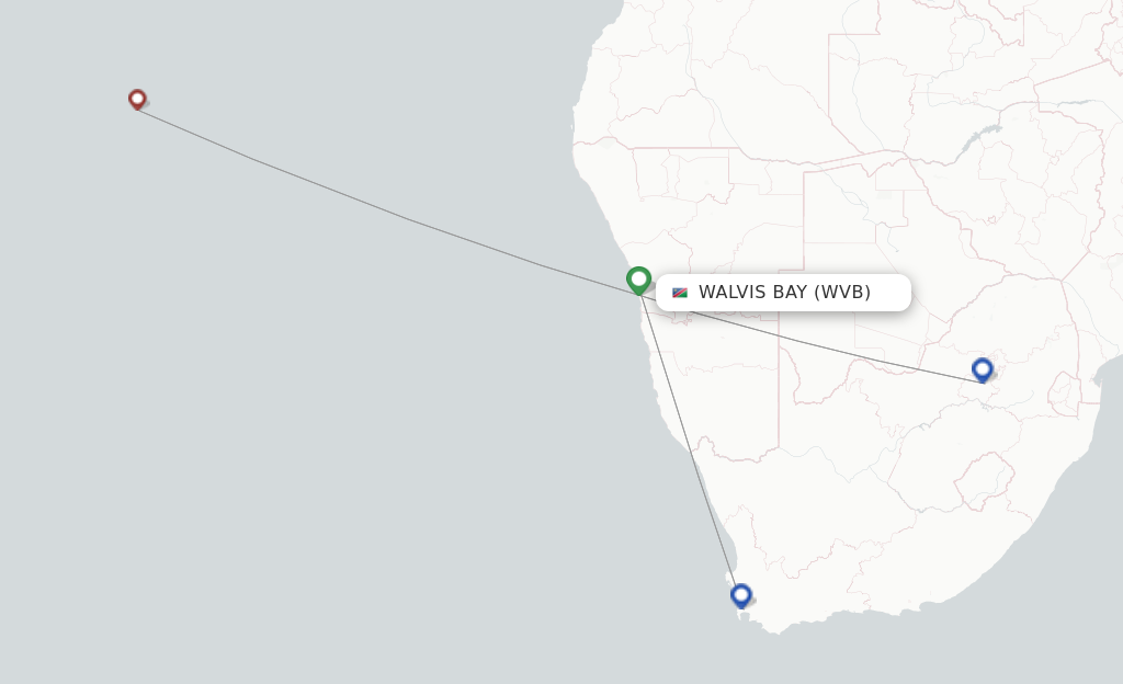 Route map with flights from Walvis Bay with Airlink (South Africa)