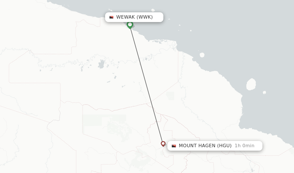 Flights from Wewak to Mount Hagen route map