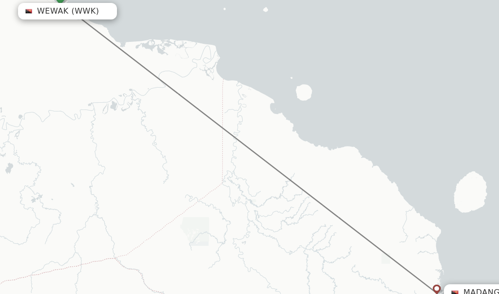 Flights from Wewak to Madang route map