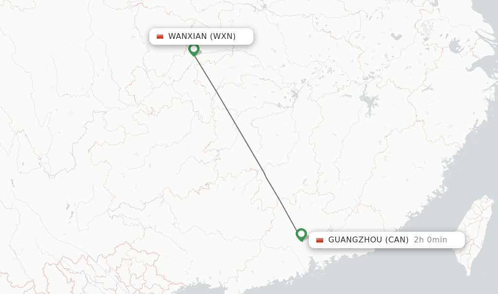 Flights from Wanxian to Guangzhou route map