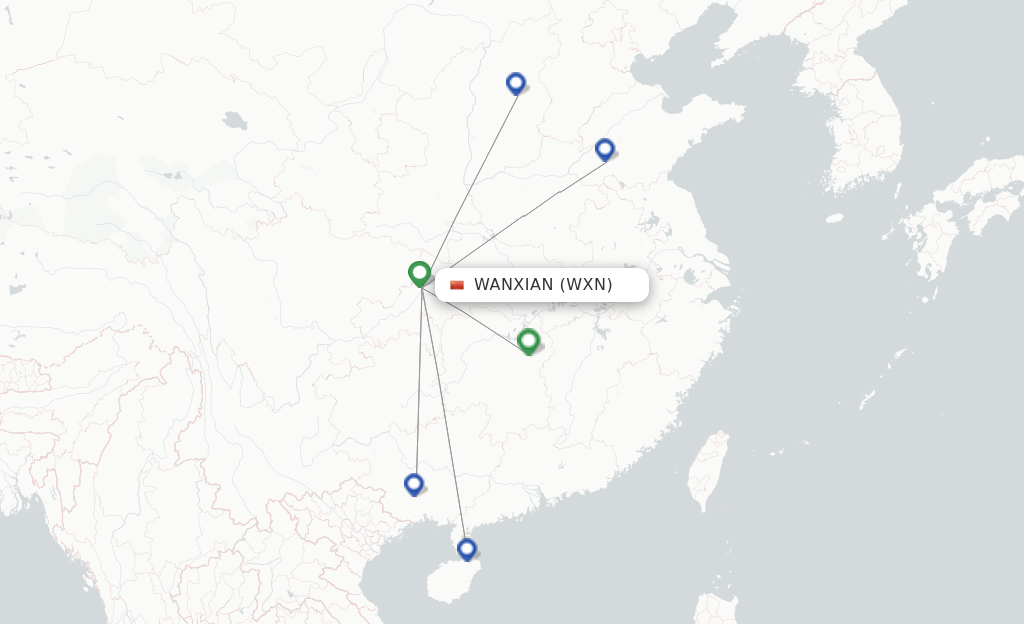 Route map with flights from Wanxian with Guangxi Beibu Gulf Airlines