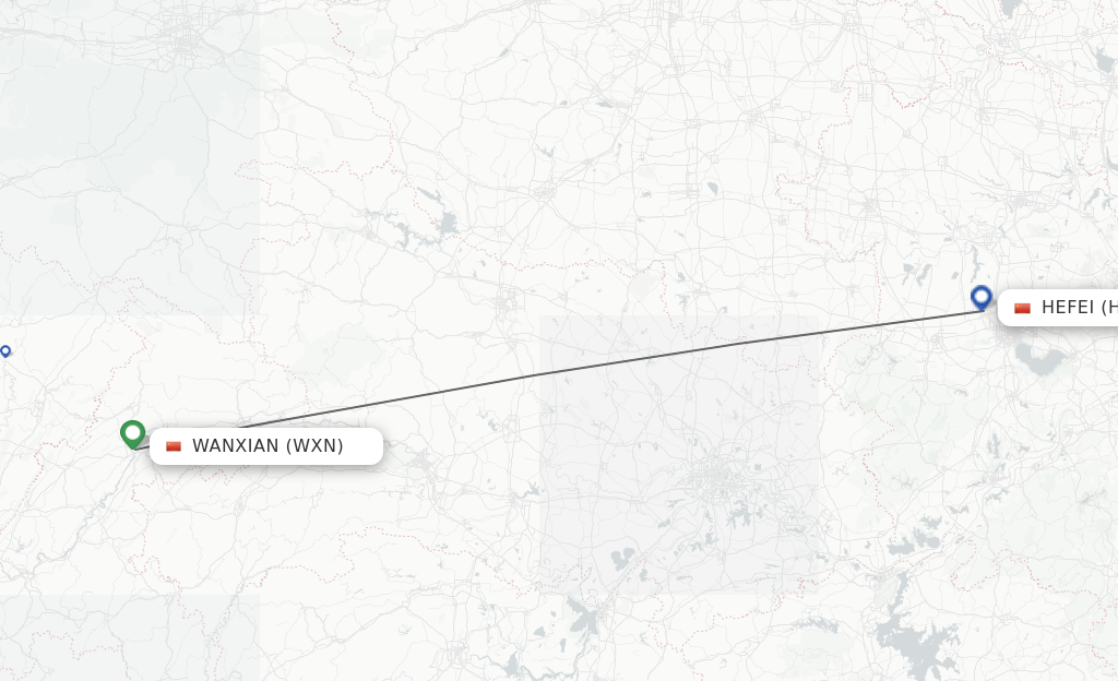 Flights from Wanxian to Hefei route map