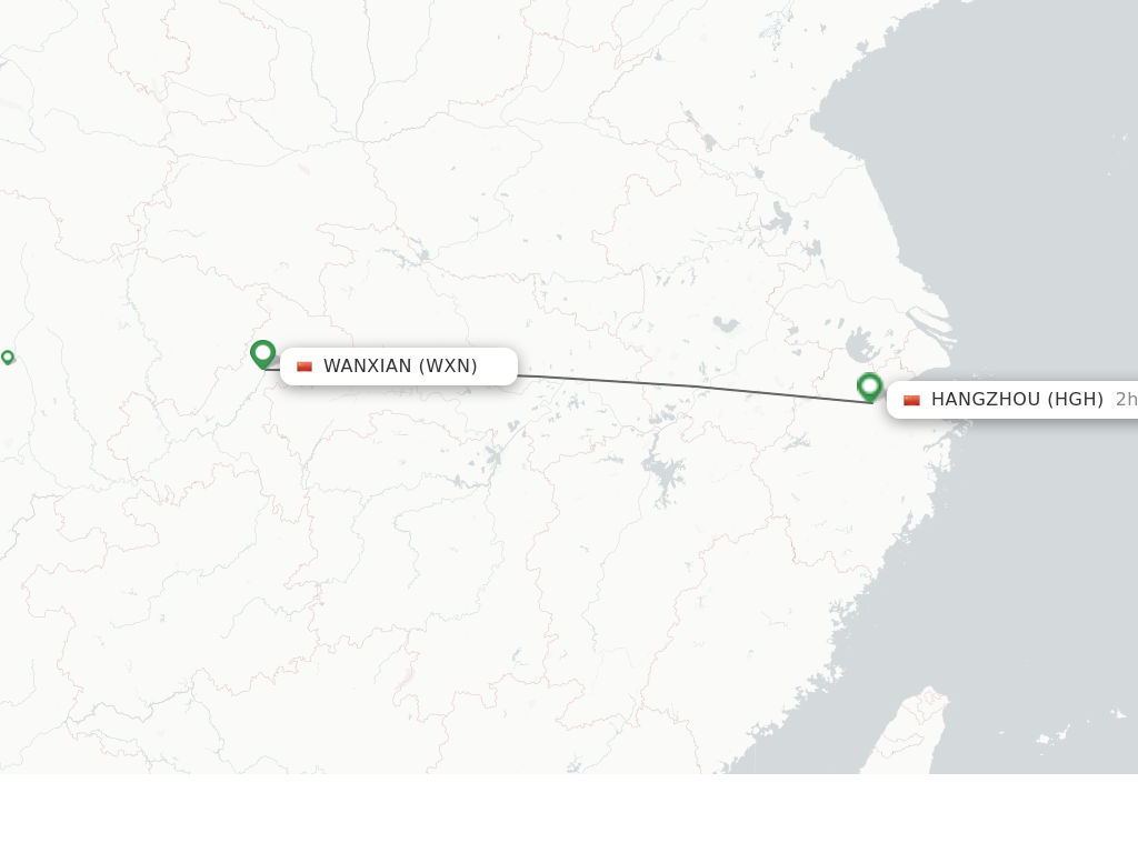 Flights from Wanxian to Hangzhou route map