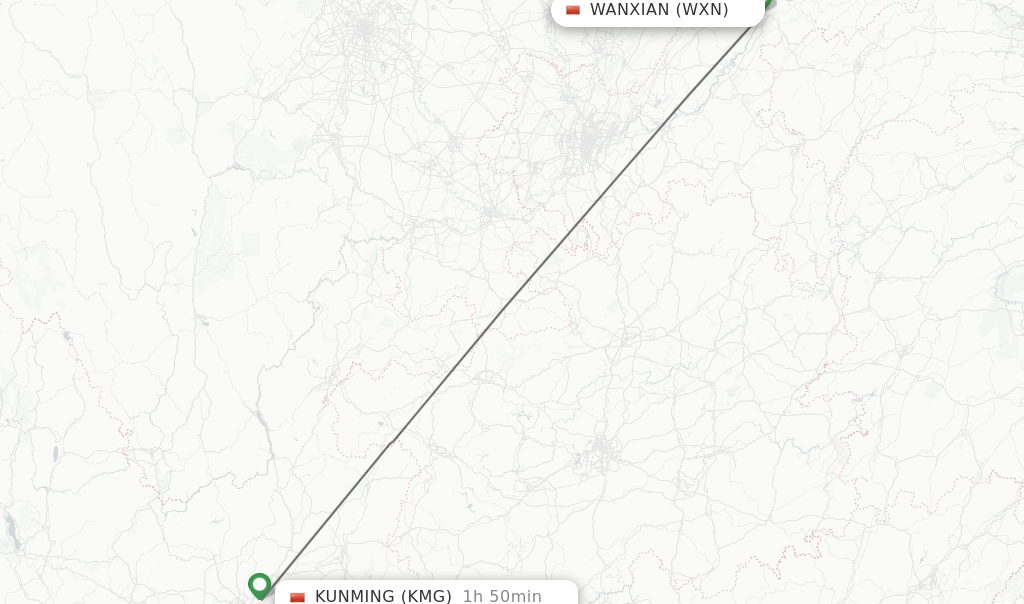 Flights from Wanxian to Kunming route map