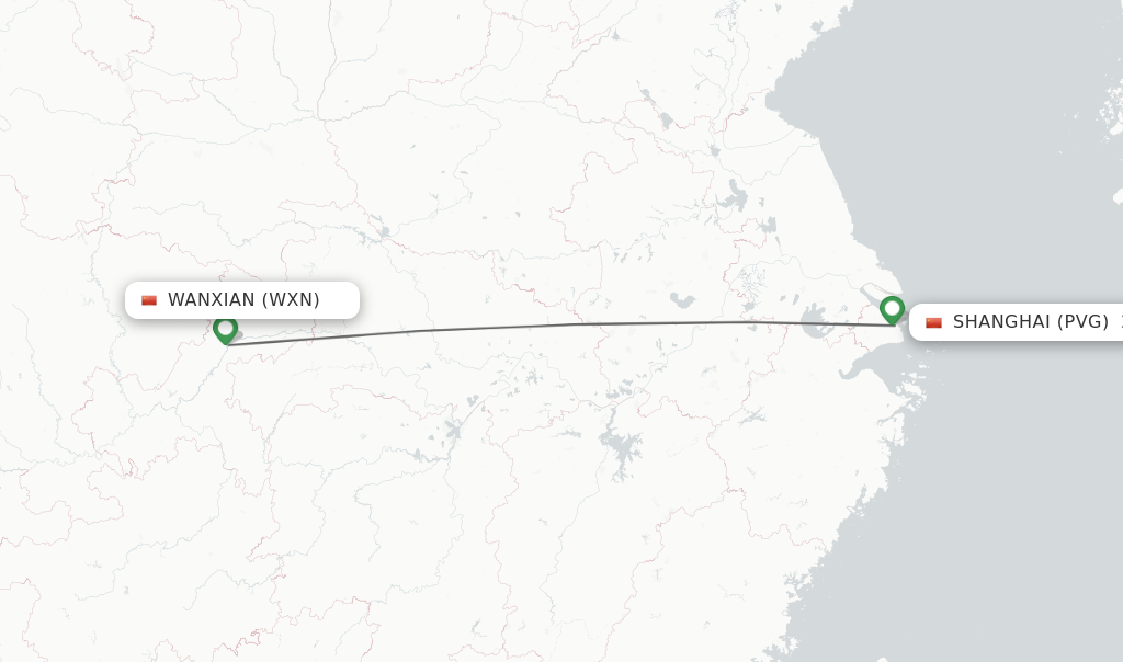 Flights from Wanxian to Shanghai route map
