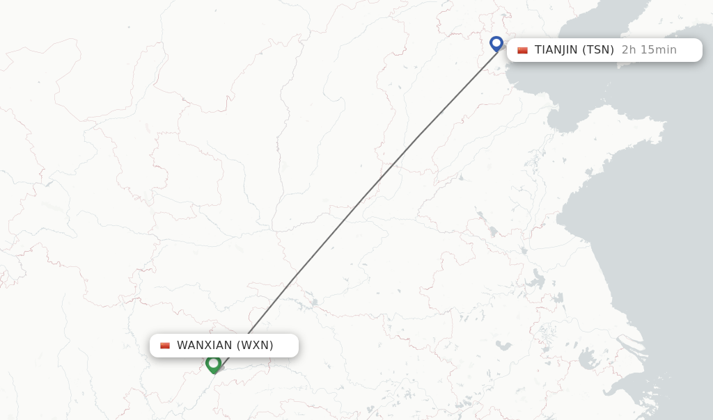 Flights from Wanxian to Tianjin route map