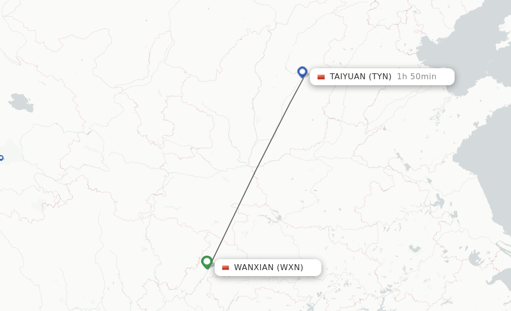 Flights from Wanxian to Taiyuan route map