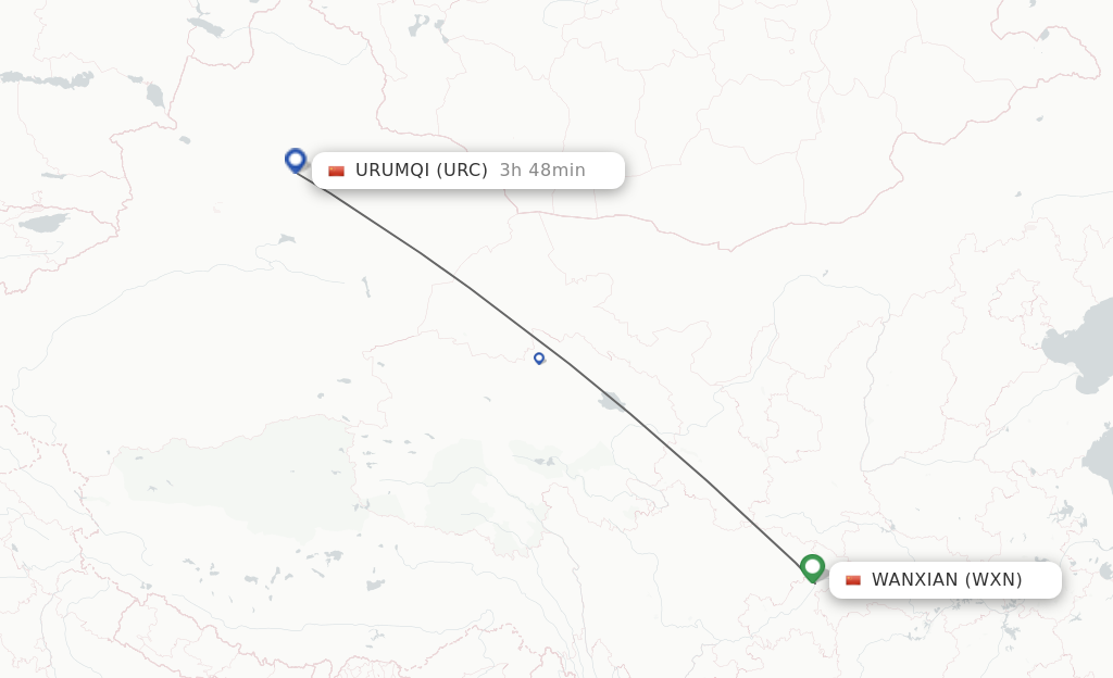 Flights from Wanxian to Urumqi route map