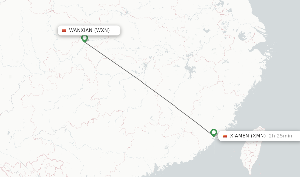 Flights from Wanxian to Xiamen route map